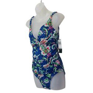 Lauren Ralph Lauren One Piece Swimsuit Blue Floral Paisley V Neck Women's Size 8